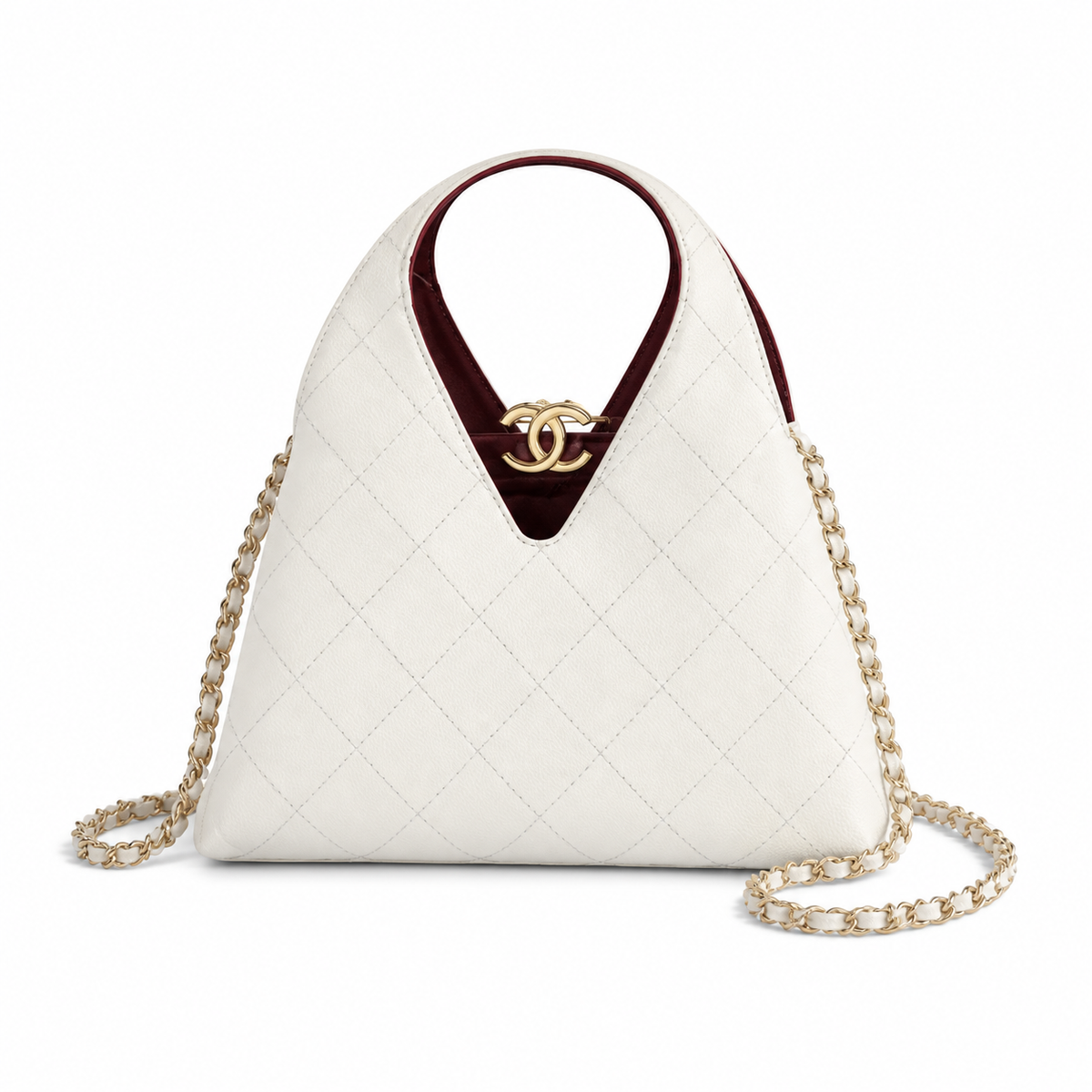 Chanel Large Hobo Bag Ivory White Diamond-Quilted Lambskin | Burgundy Interior & Gold CC Clasp — 32cm