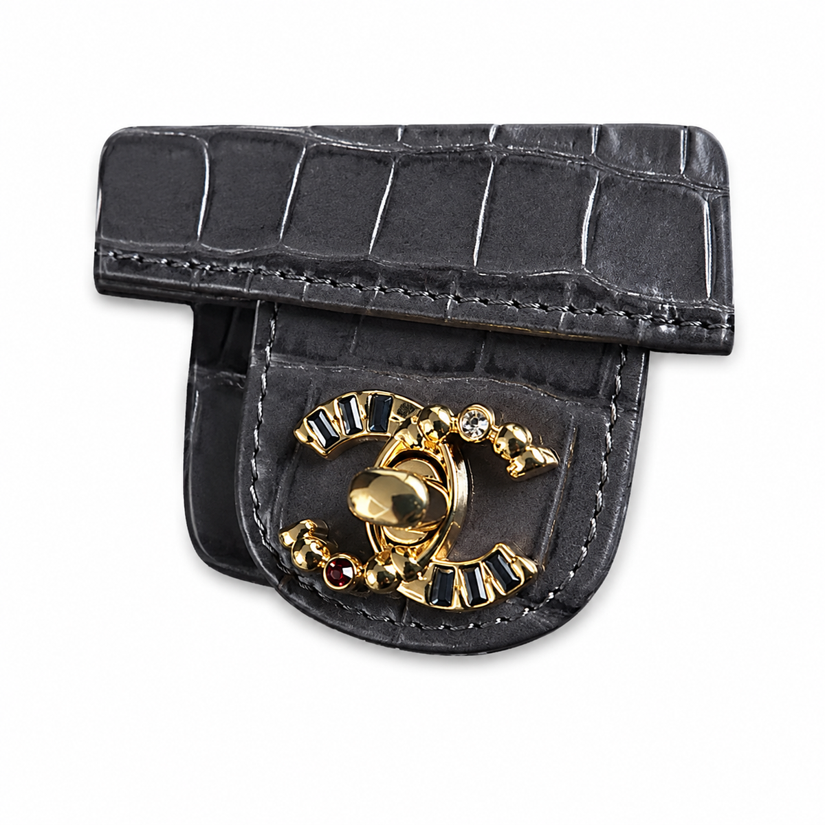 Chanel Charcoal Grey Croc-Embossed Flap Bag | Gold Bar Push-Lock, Jewelled Chain & Burgundy Interior