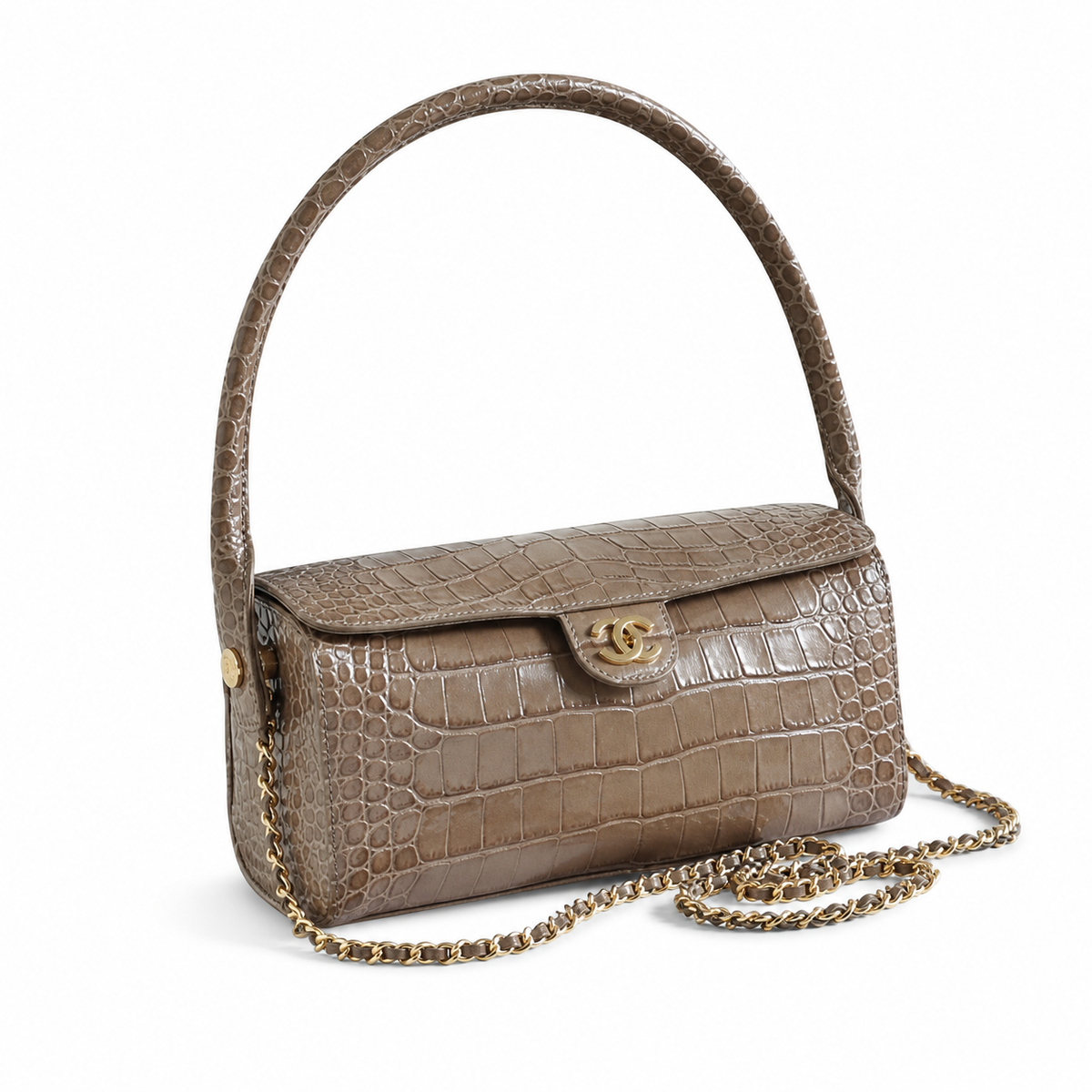 Chanel CC Croc-Embossed Cylindrical Flap Bag | Taupe & Gold — 23cm