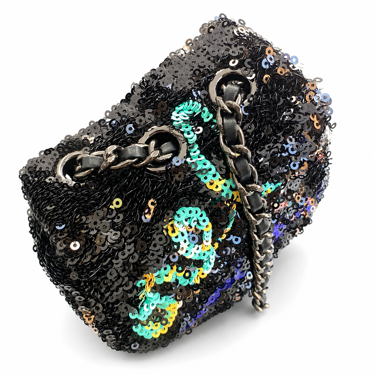 Chanel Sequin Graffiti Flap Bag | CC Logo Silver Chain Black — 14x21cm