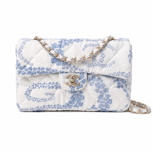 Chanel White & Powder Blue Floral Twill Jacquard Small Classic Flap Bag | Matching Floral Interior, Gold CC Turn-Lock & White Fabric Chain