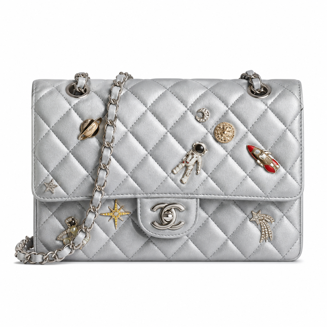 Chanel CC Quilted Double Flap Bag | Grey Lambskin & Silver — 25cm