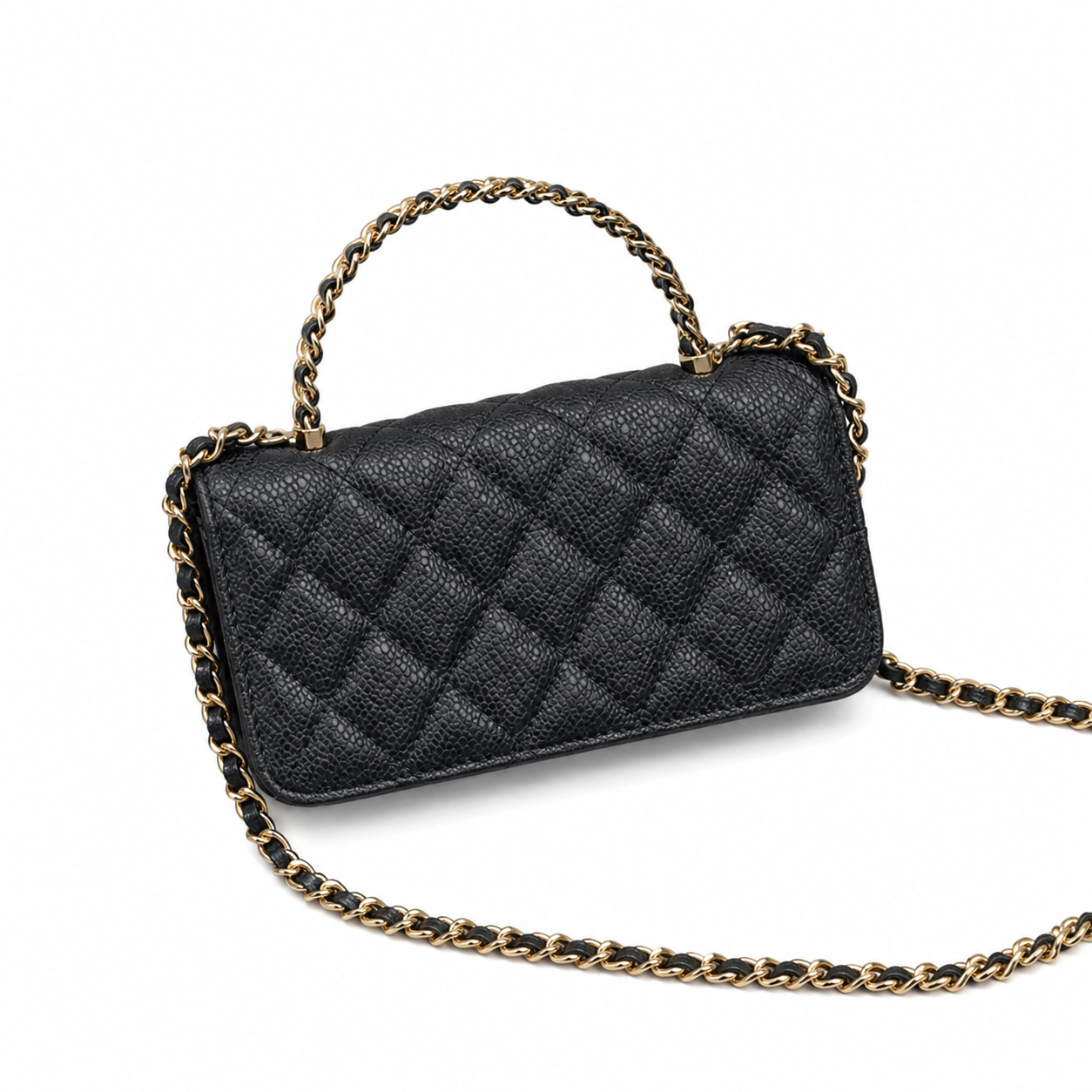 Chanel Black Quilted Caviar Mini Flap Bag | Top Handle & Gold Chain