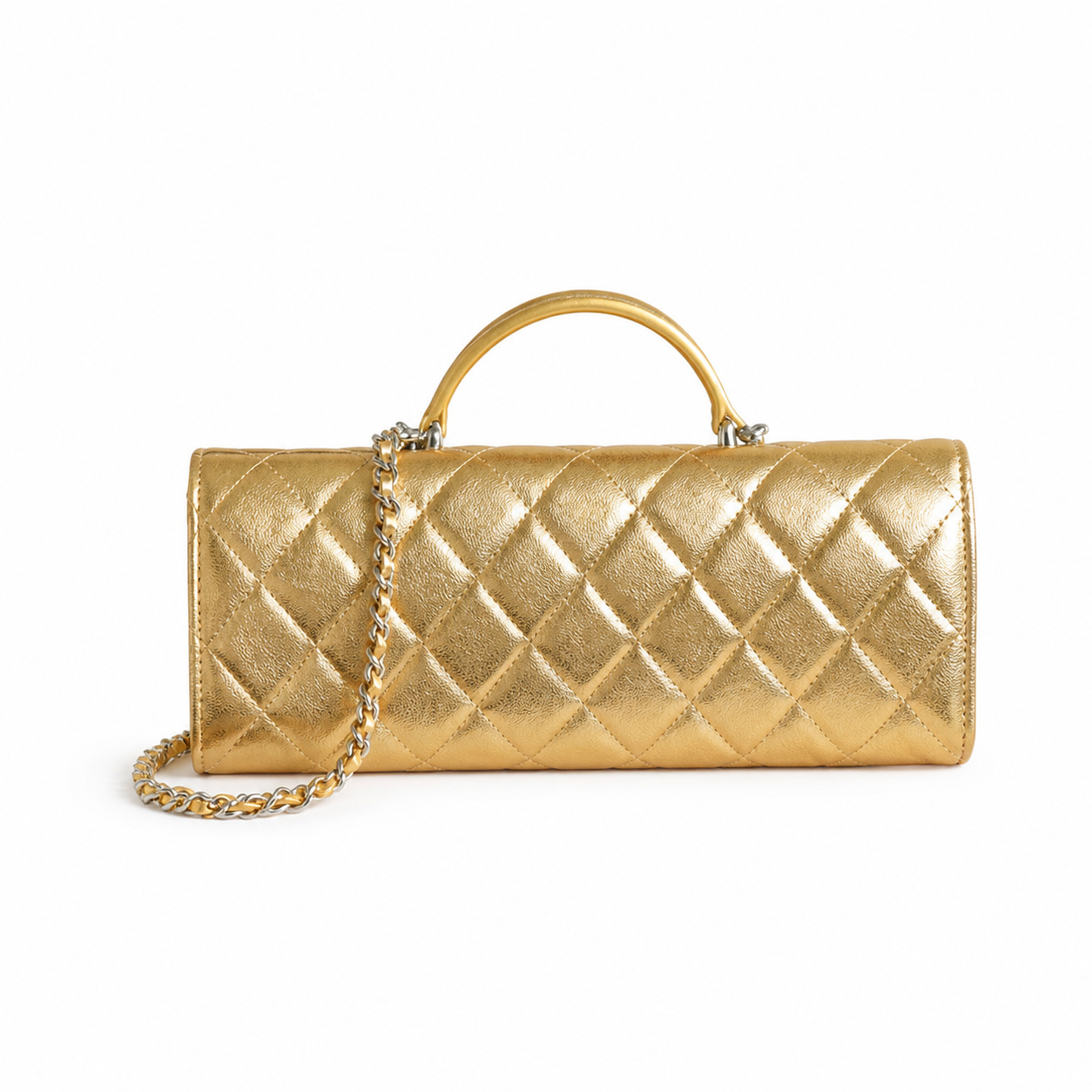 Chanel CC Quilted Cylindrical Flap Bag | Gold Metallic & Silver — 25cm
