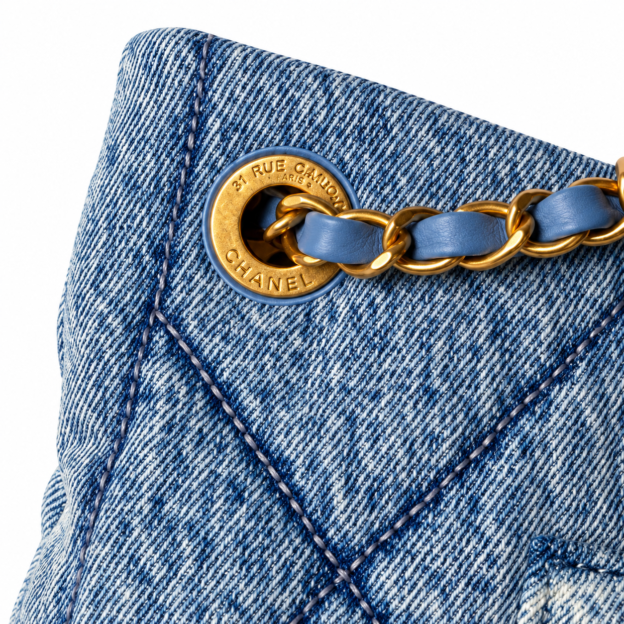 Chanel Quilted Denim Large Shopping Bag Blue 25.5×38×10.5cm
