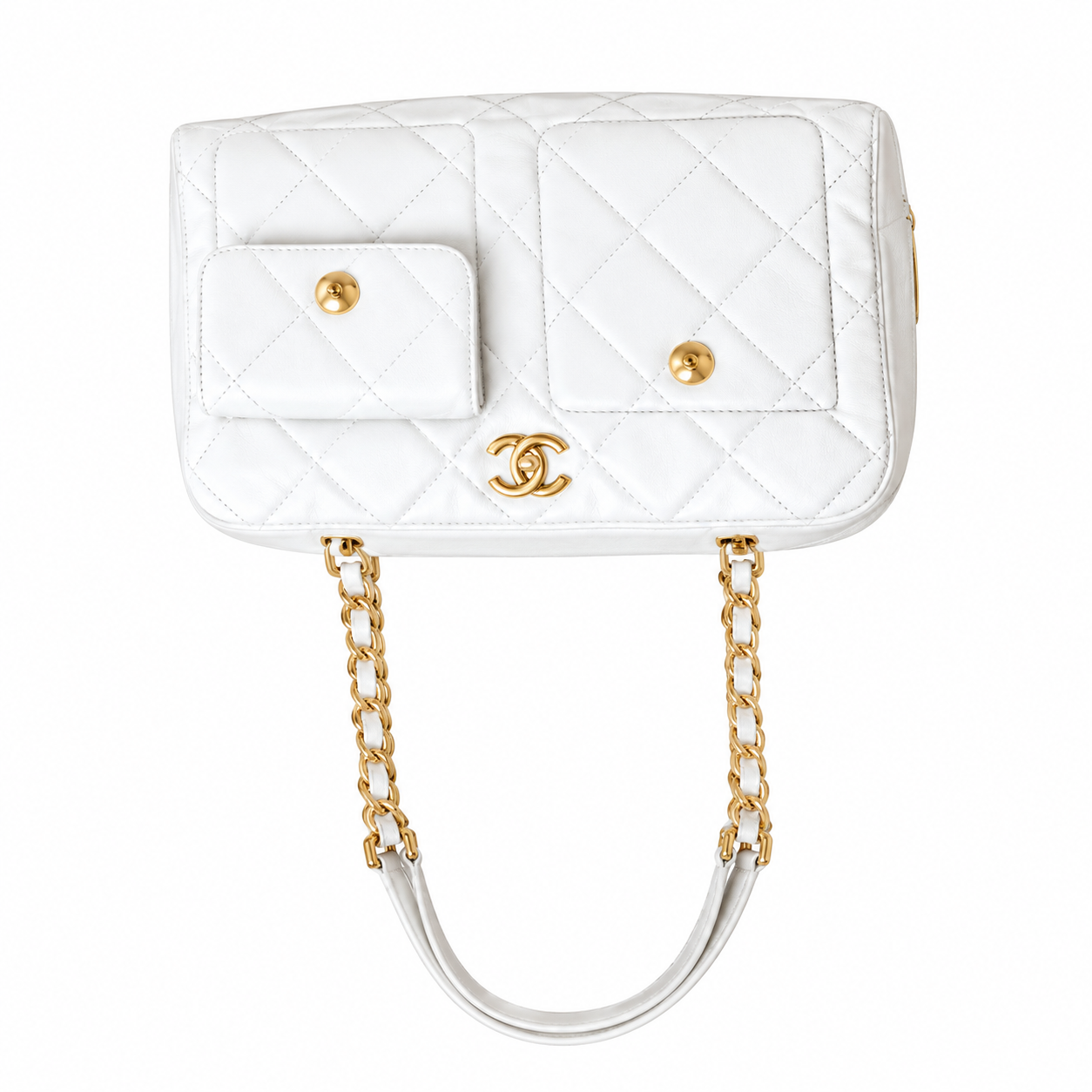 Chanel Quilted Lambskin Bowling Bag White 21×33×15cm