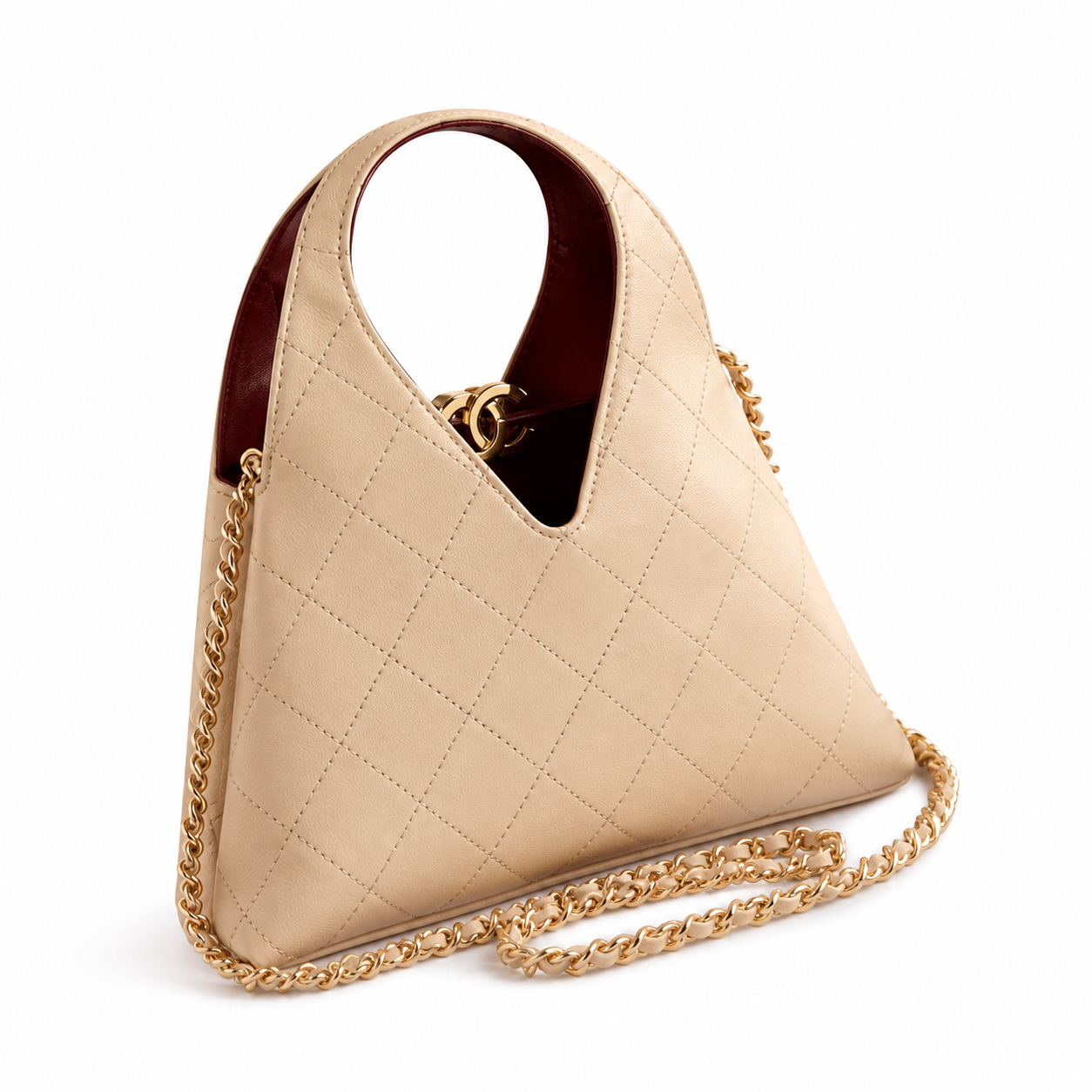 Chanel Large Hobo Bag Warm Beige Diamond-Quilted Lambskin | Burgundy Interior & Gold CC Clasp — 32cm