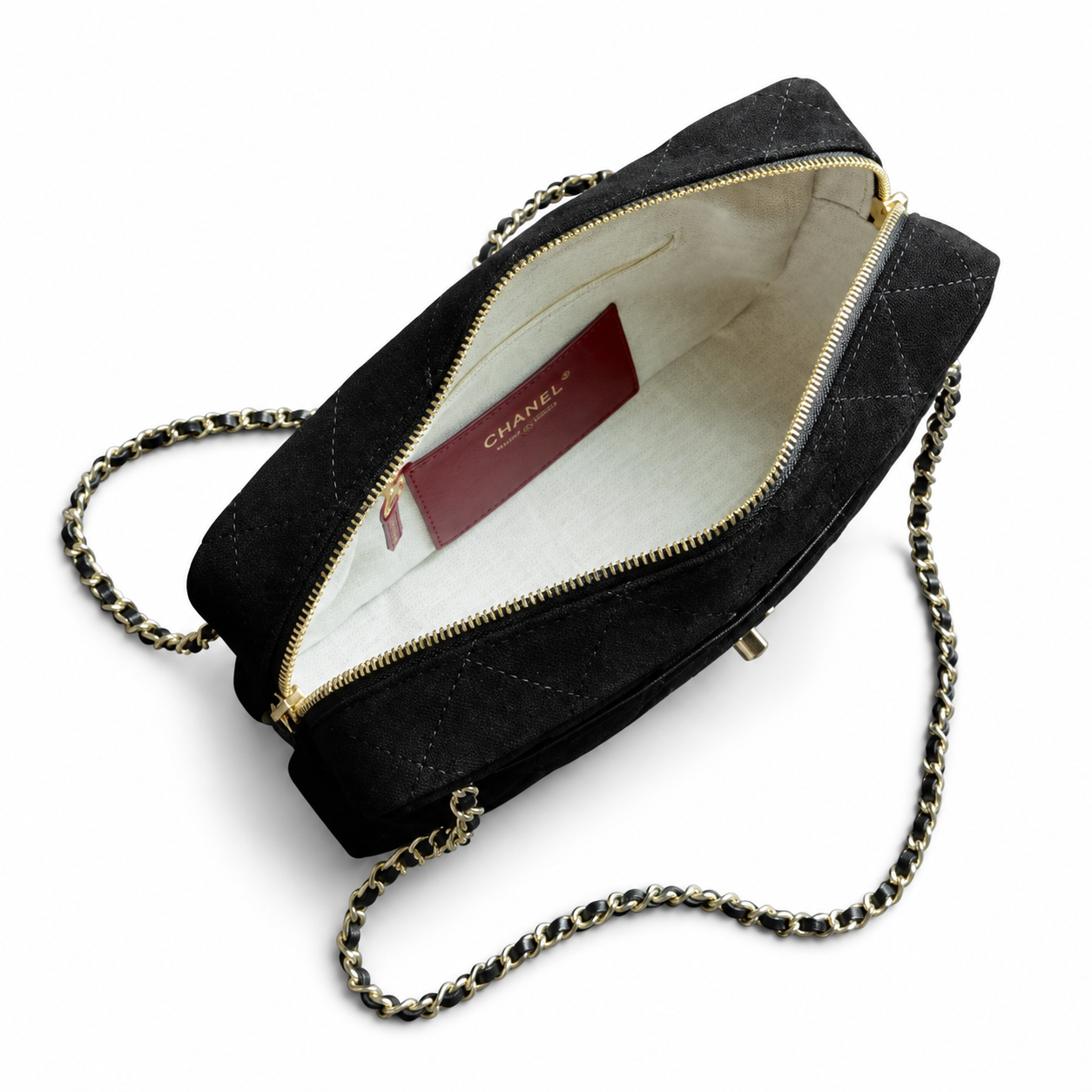 Chanel Black Suede Quilted Camera Bag | CC Turn-Lock Front Pocket, Top Zip & Gold Chain