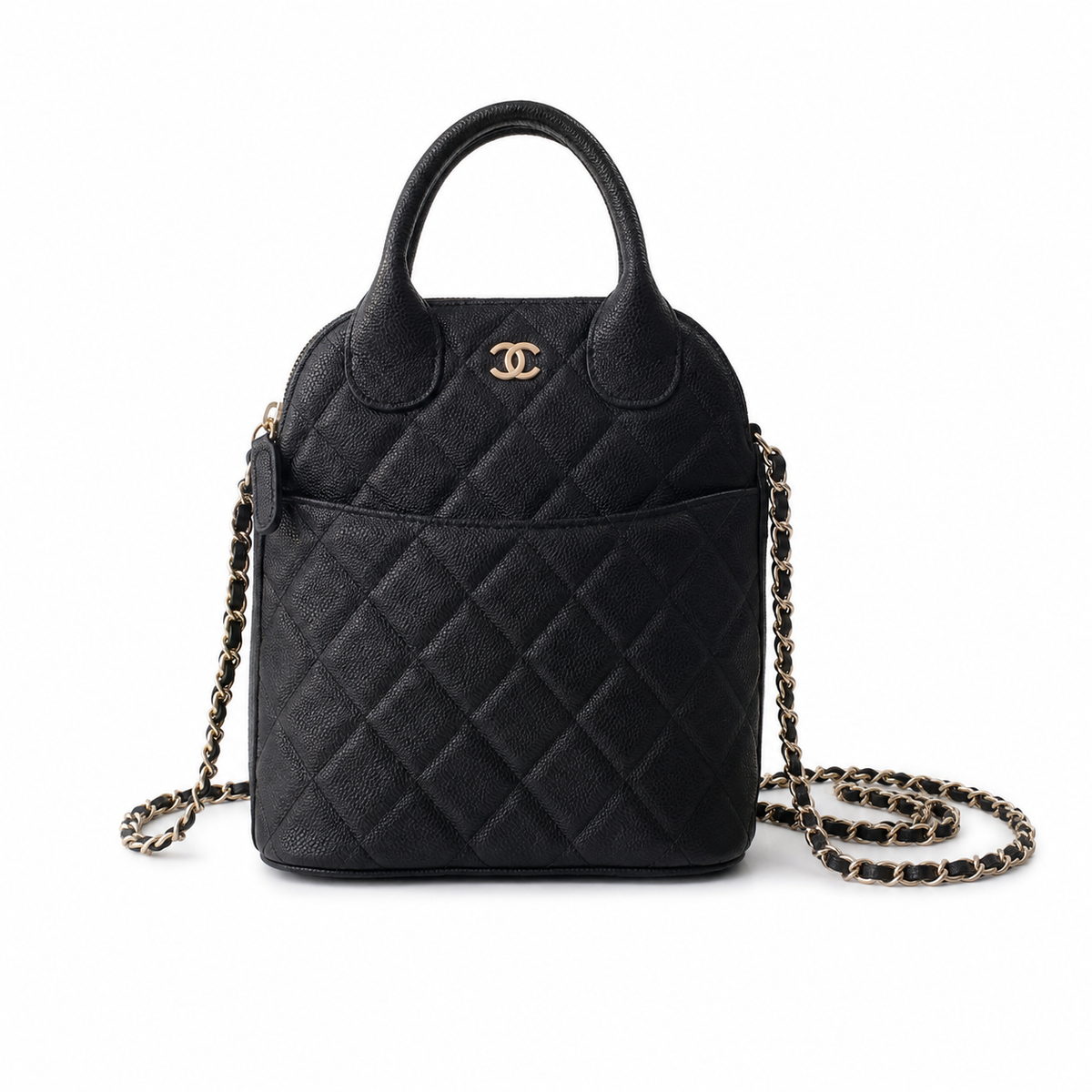 Chanel Black Caviar Quilted Mini Bucket Bag | Gold CC Logo, Silver Chain & Round Caviar Top Handle