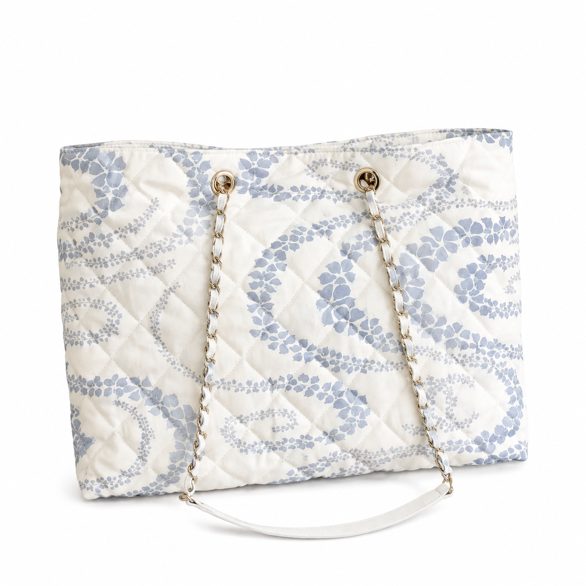 Chanel White & Blue Floral Jacquard Quilted Shopping Tote | White-Rimmed Gold CC Turn-Lock & Gold Chain Shoulder Strap