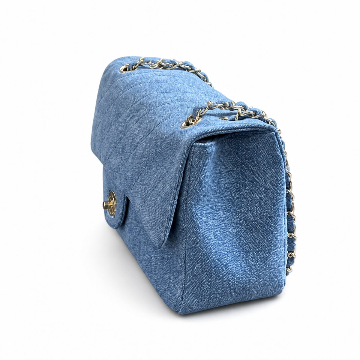 Chanel Classic Double Flap Bag Light Blue Quilted Denim | Gold Chain & Burgundy Zip Accents — 32cm
