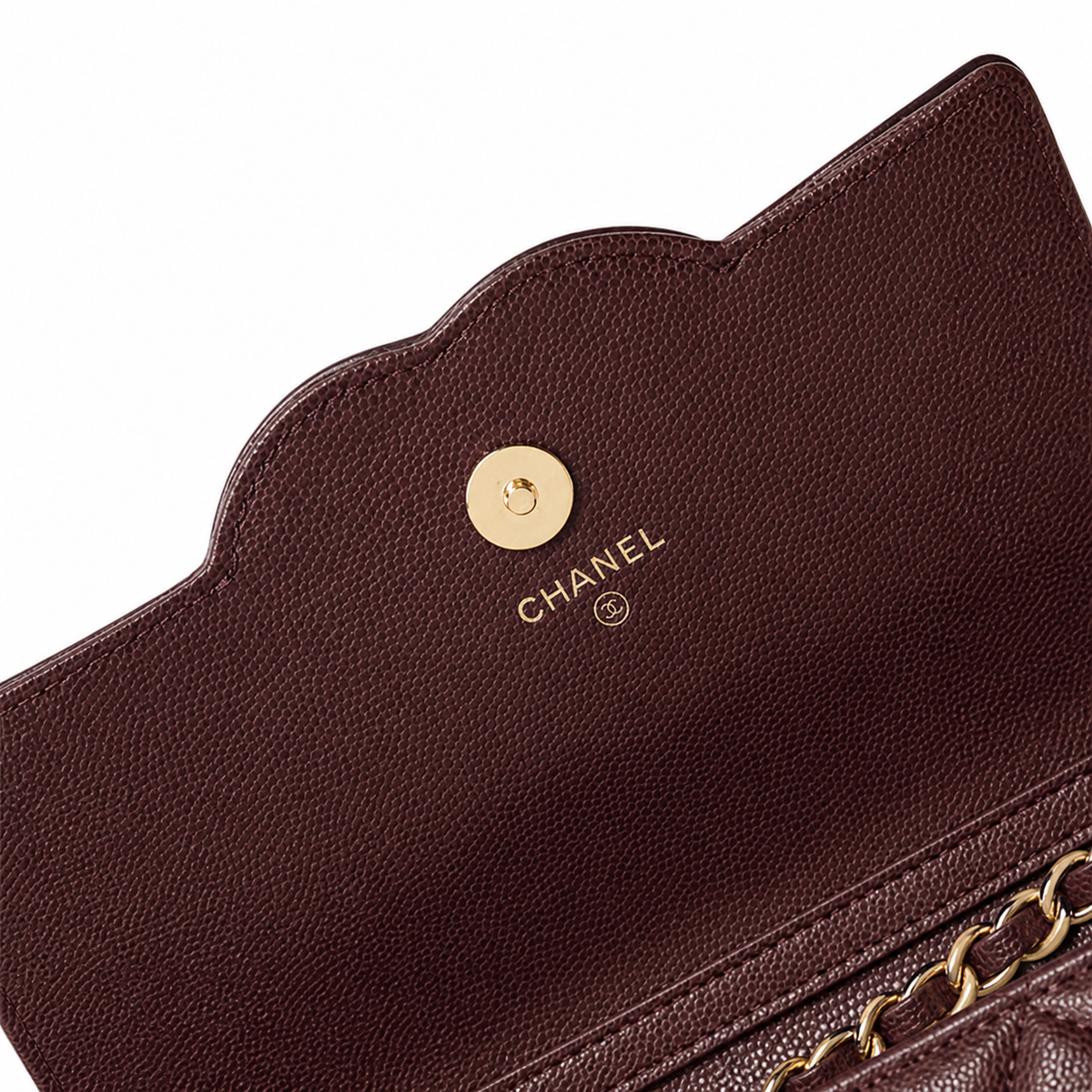 Chanel Burgundy Caviar WOC | Seam-Crossing CC & Gold Chain — 19cm