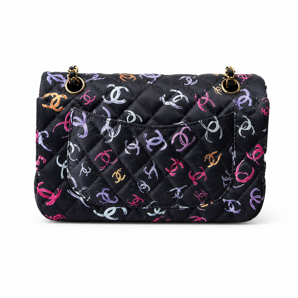 Chanel CC Print Classic Flap Bag | Black Quilted Satin — 23cm