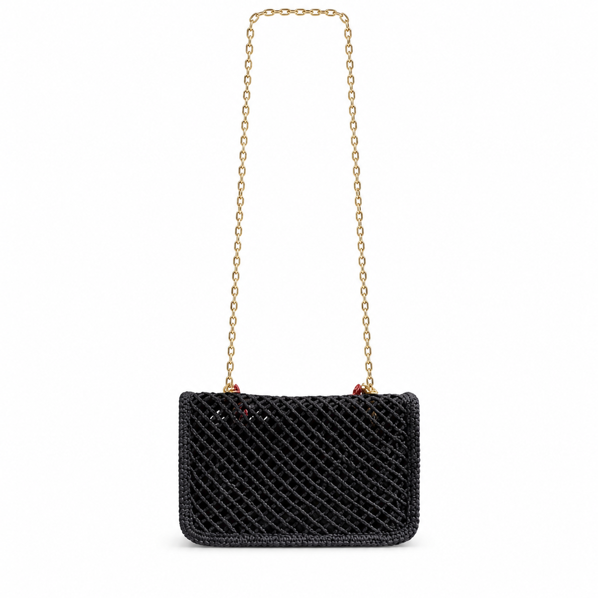 Chanel Black Crochet Classic Flap | Gold Marine Charms & Red Macramé — 21cm