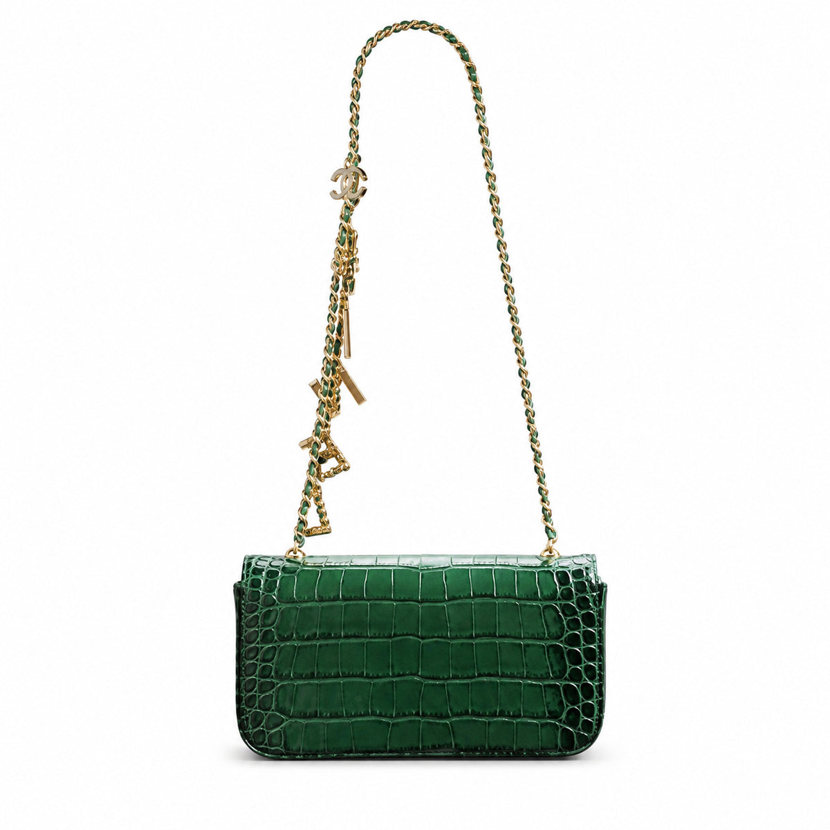 Chanel Emerald Green Croc-Embossed Flap Bag | Jewelled Multi-Stone CC Turn-Lock & Wine Red Interior
