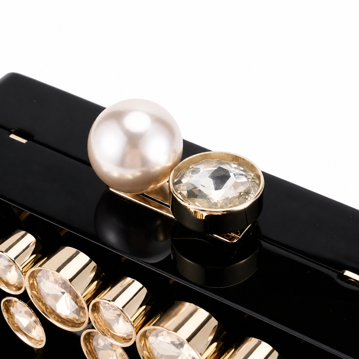Chanel CC Crystal & Pearl Box Clutch | Black Lacquer & Gold Chain — 16cm