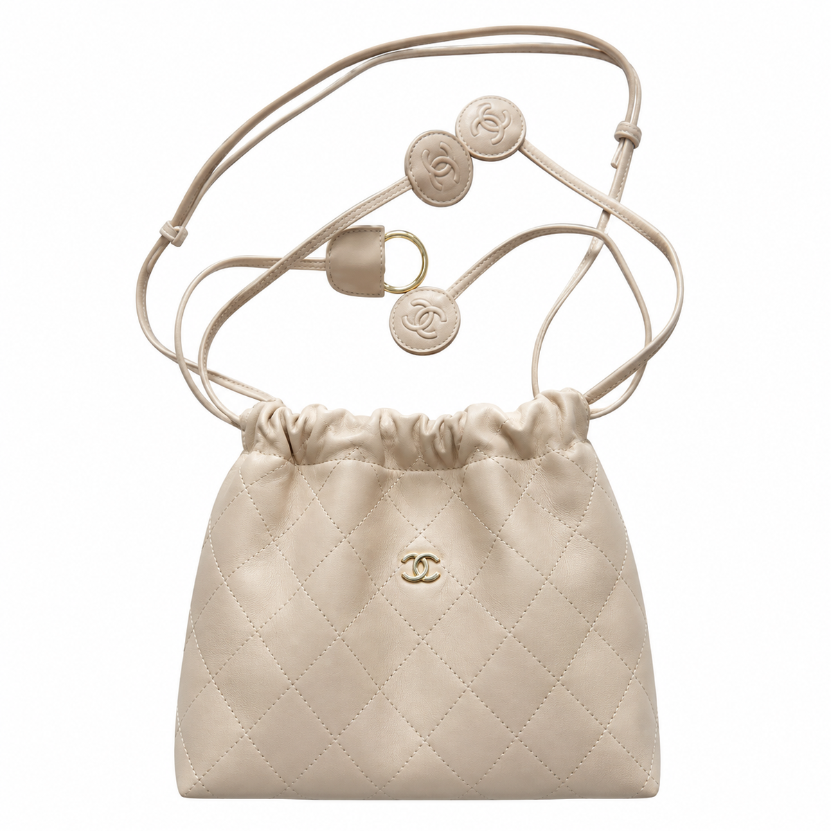 Chanel Ivory Lambskin Quilted Drawstring Bucket Bag | Gold CC Logo & CC Coin Charm Strap