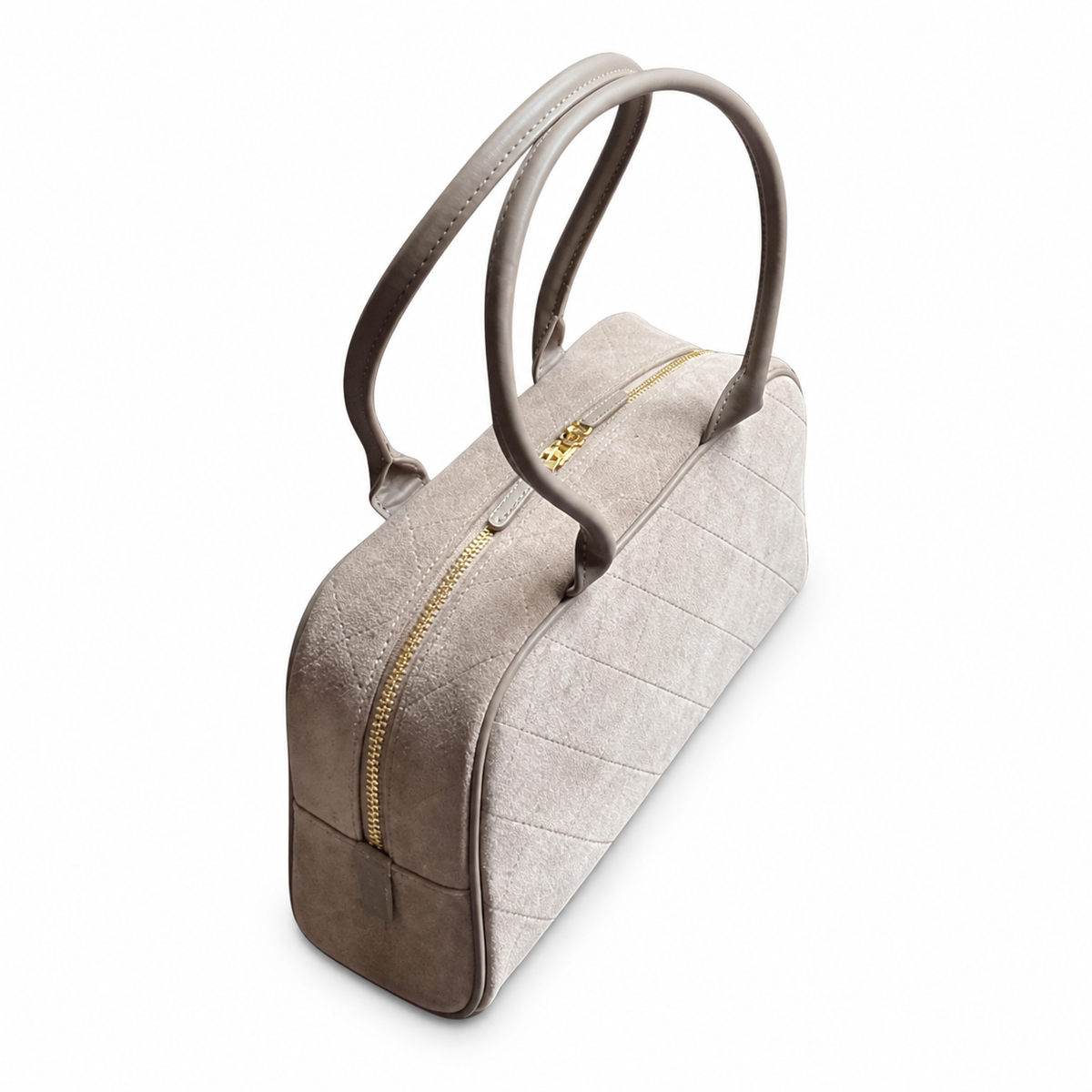 Chanel Bowling Bag Taupe Greige Diamond-Quilted Suede | Gold CC & Detachable Strap — 29cm