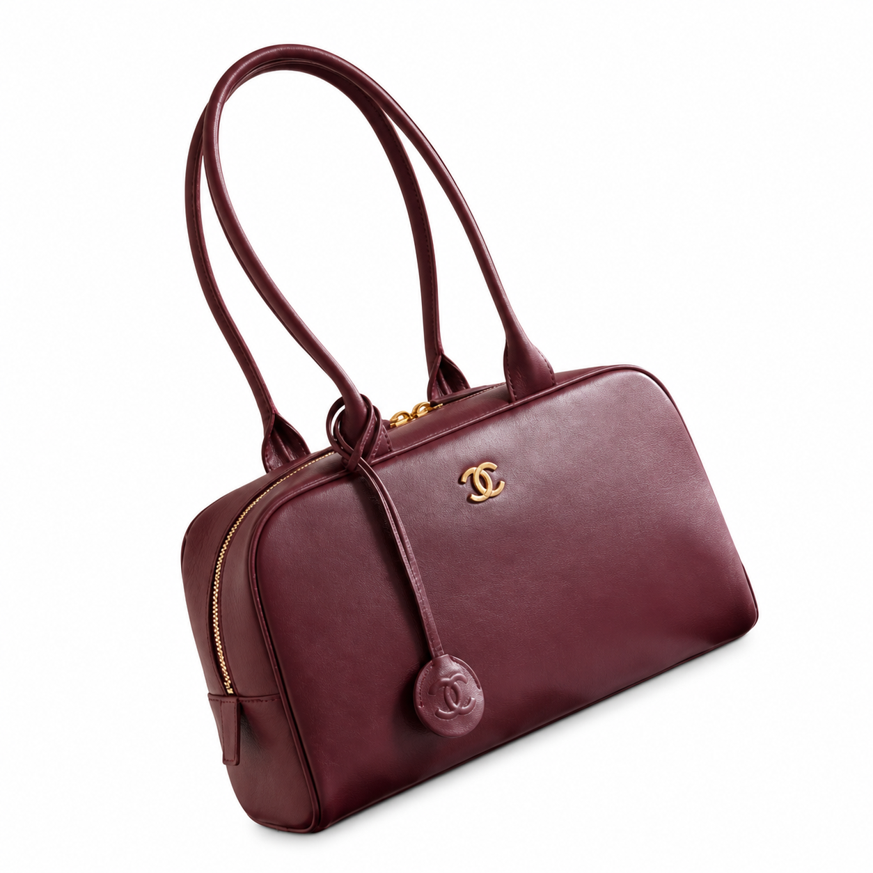 Chanel Bowling Bag Burgundy Embossed Lambskin | Logo-Minimal & Cream Interior — 29cm