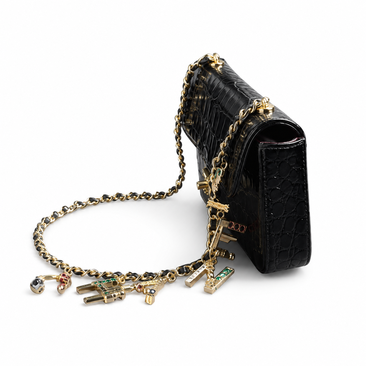 Chanel Black High-Gloss Croc-Embossed Flap Bag | Black Crystal CC Turn-Lock & Letter Charm Chain