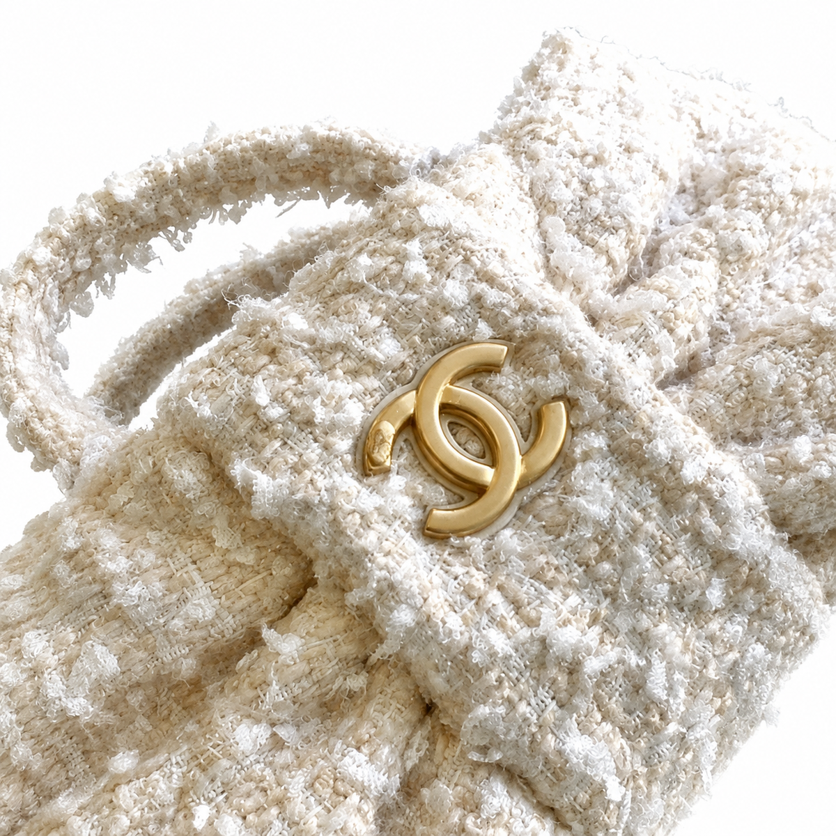 Chanel Bouclé Tweed Large Shopping Tote | CC Gold Chain Ivory White — 29x38cm