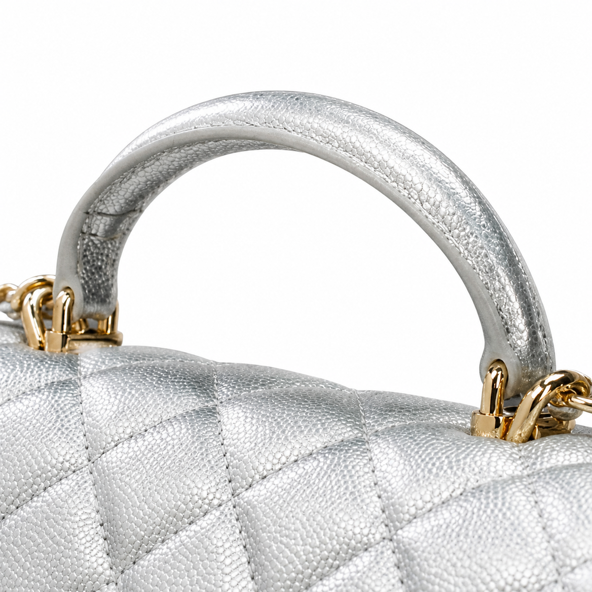 Chanel Mirror Silver Quilted Classic Flap | Top Handle & Back Exterior Pocket — 25cm