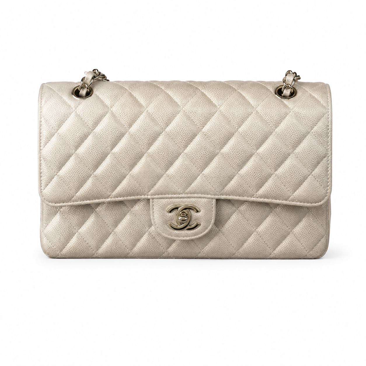 Chanel Ivory Lambskin Classic Medium Double Flap Bag | Silver CC Turn-Lock & Silver Chain