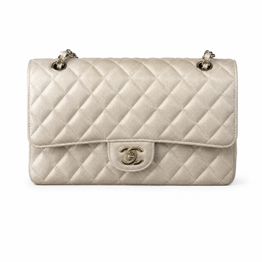 Chanel Ivory Lambskin Classic Medium Double Flap Bag | Silver CC Turn-Lock & Silver Chain