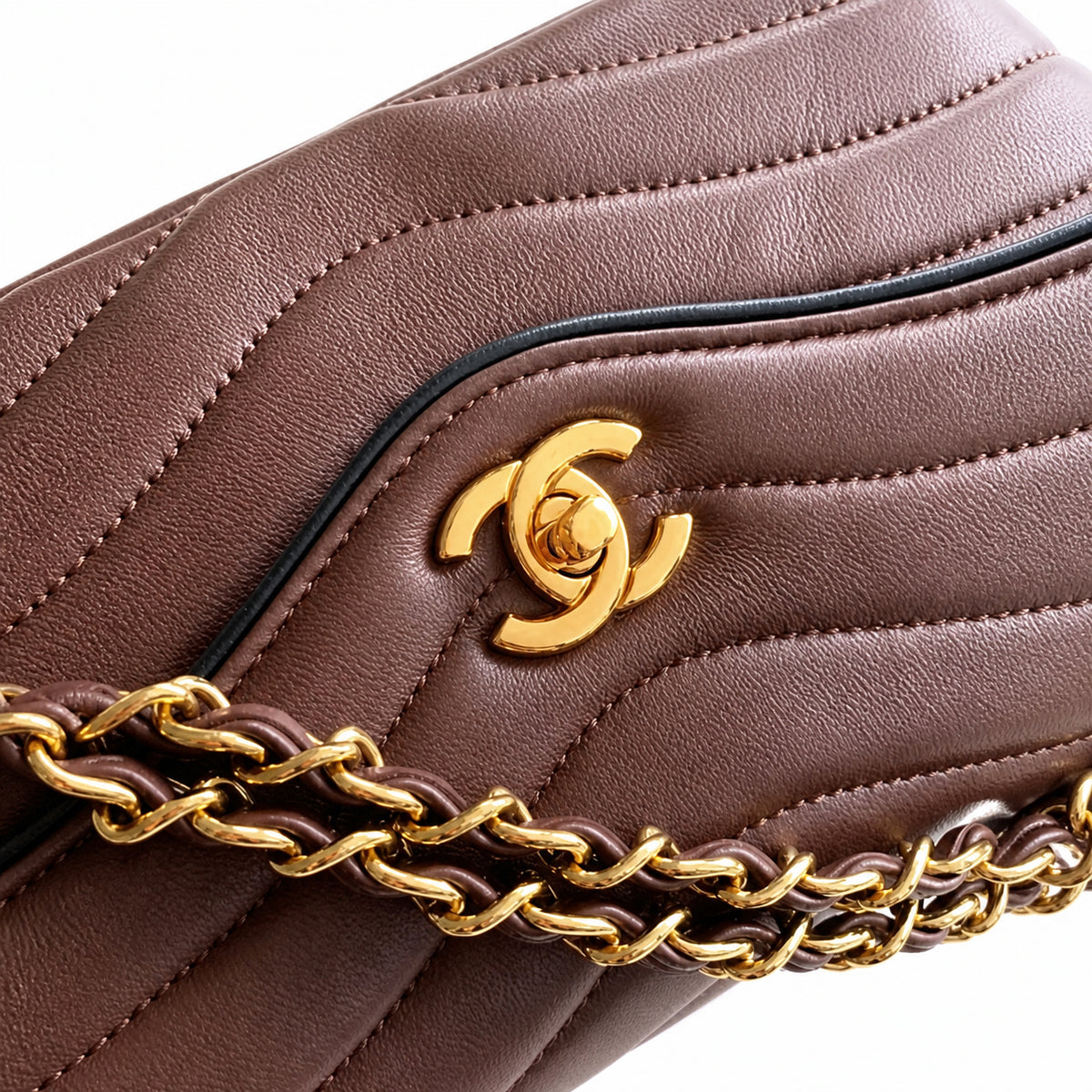 Chanel Wave-Quilted Mini Flap Dark Chocolate Lambskin | Gold CC & Black Flap Piping — 27cm
