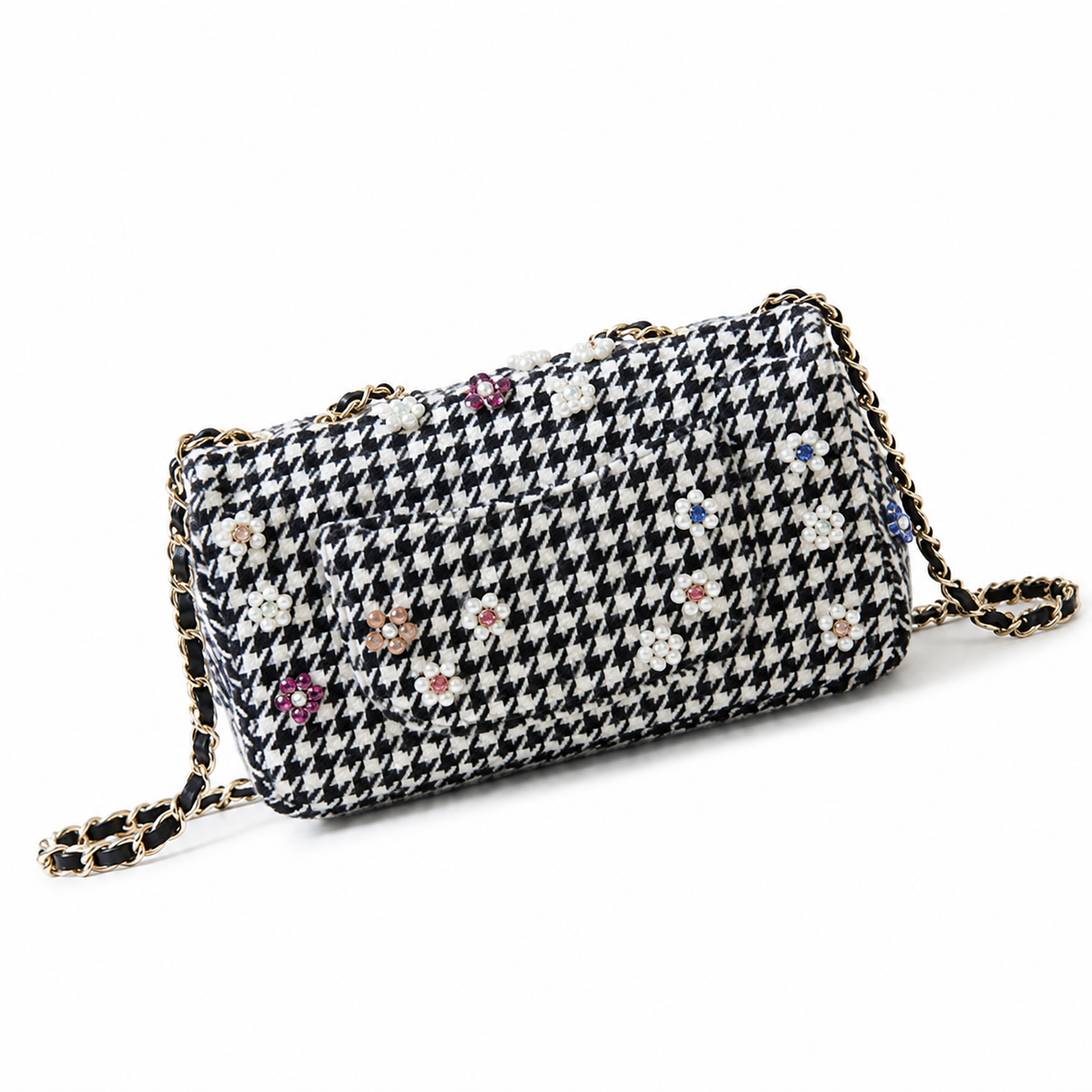 Chanel Black & White Houndstooth Tweed Box Bag with Pearl & Crystal Flower Embellishments