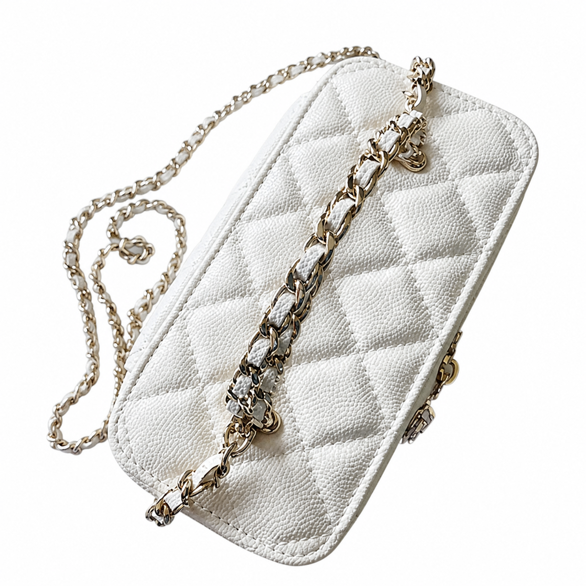 Chanel White Diagonal Quilted Caviar Vanity Box Bag | Silver CC Chain