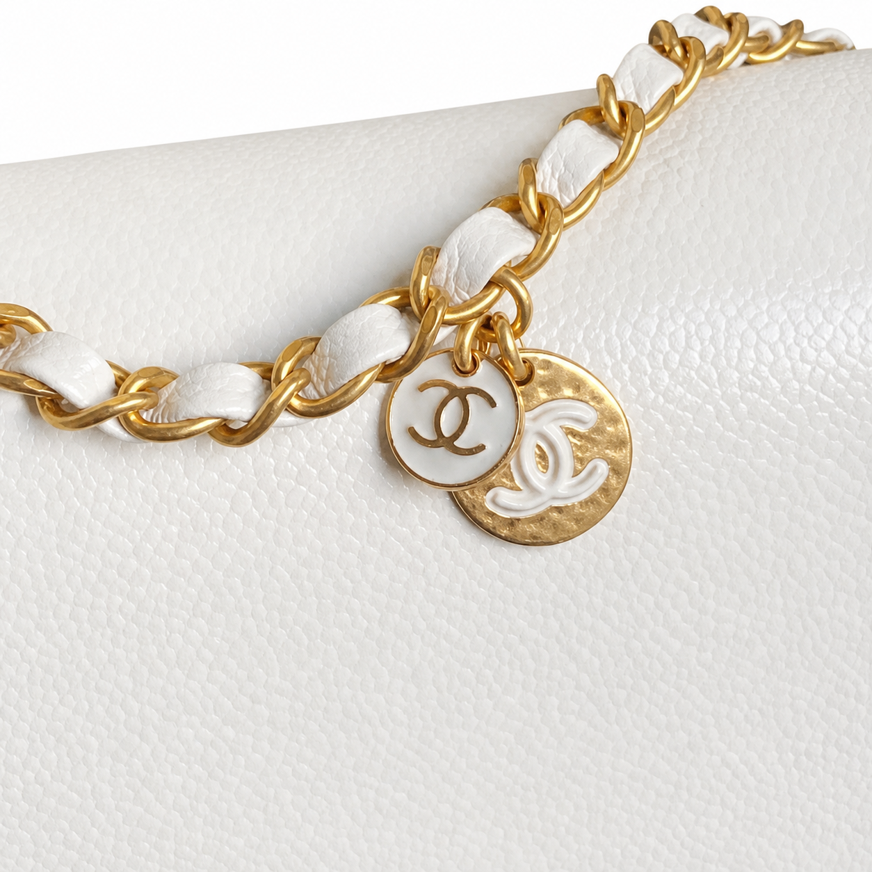 Chanel East-West Flap White Caviar | White-Surround CC Turn-Lock & Gold Coin Charm — 32.5cm
