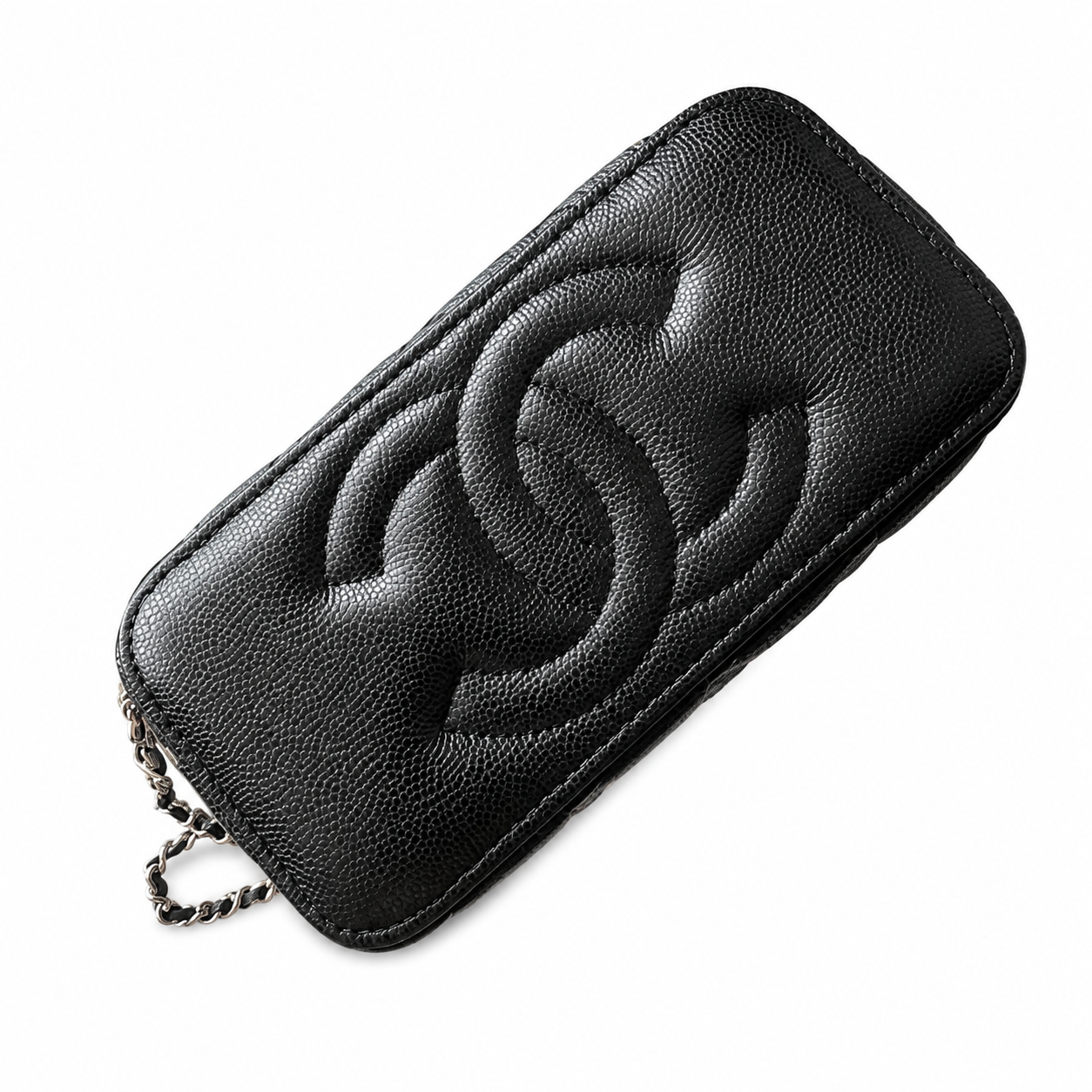 Chanel Black Diagonal Quilted Caviar Vanity Box Bag | Chain Top Handle & Silver Chain
