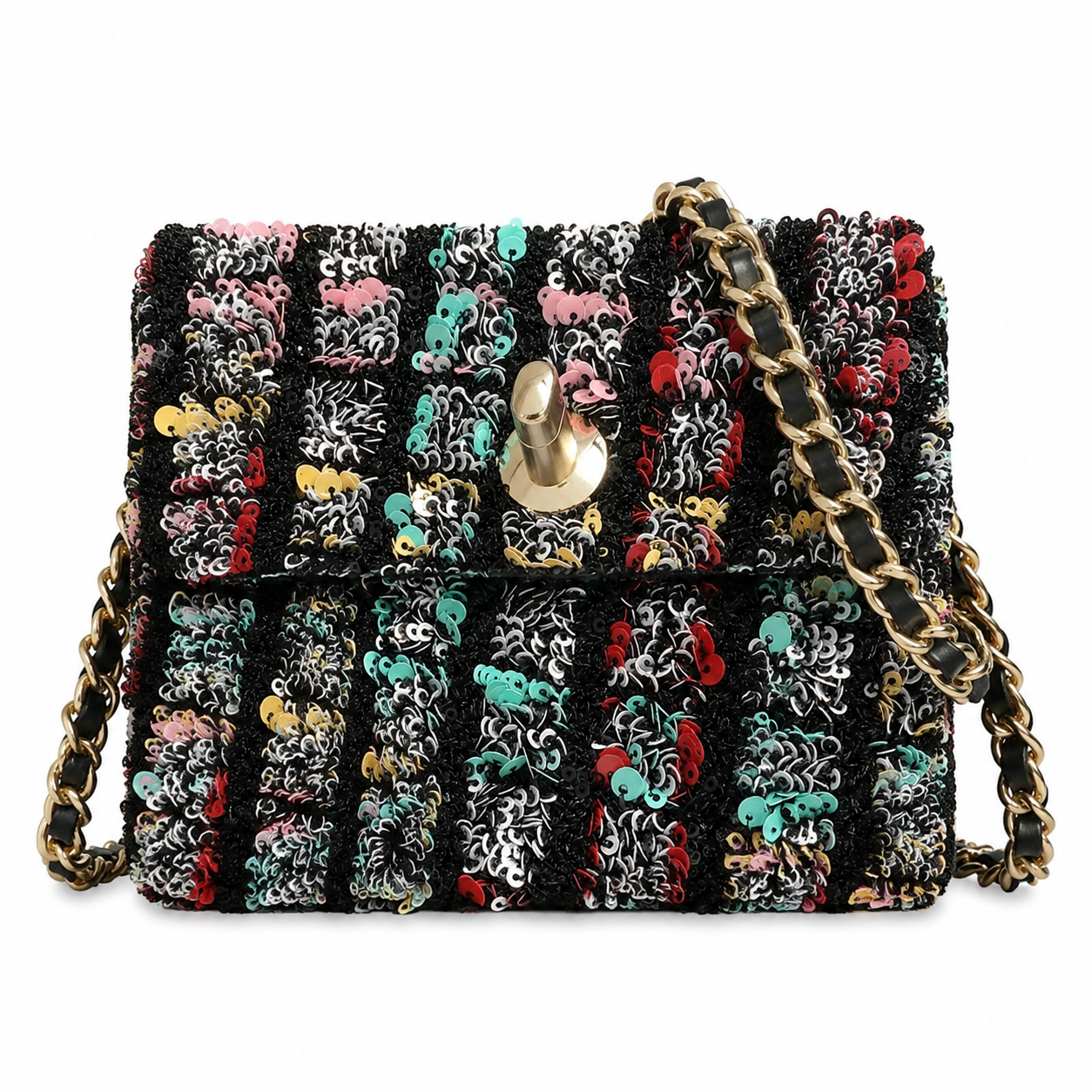Chanel Multicolour Ring-Sequin Grid Flap Bag | Raised Black Velvet Framework, Stained-Glass Mosaic & Antique Gold CC