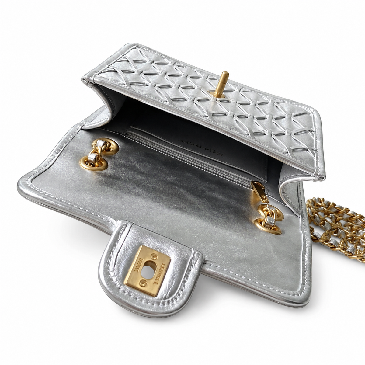 Chanel Silver Crinkled Metallic Quilted Small Flap Bag