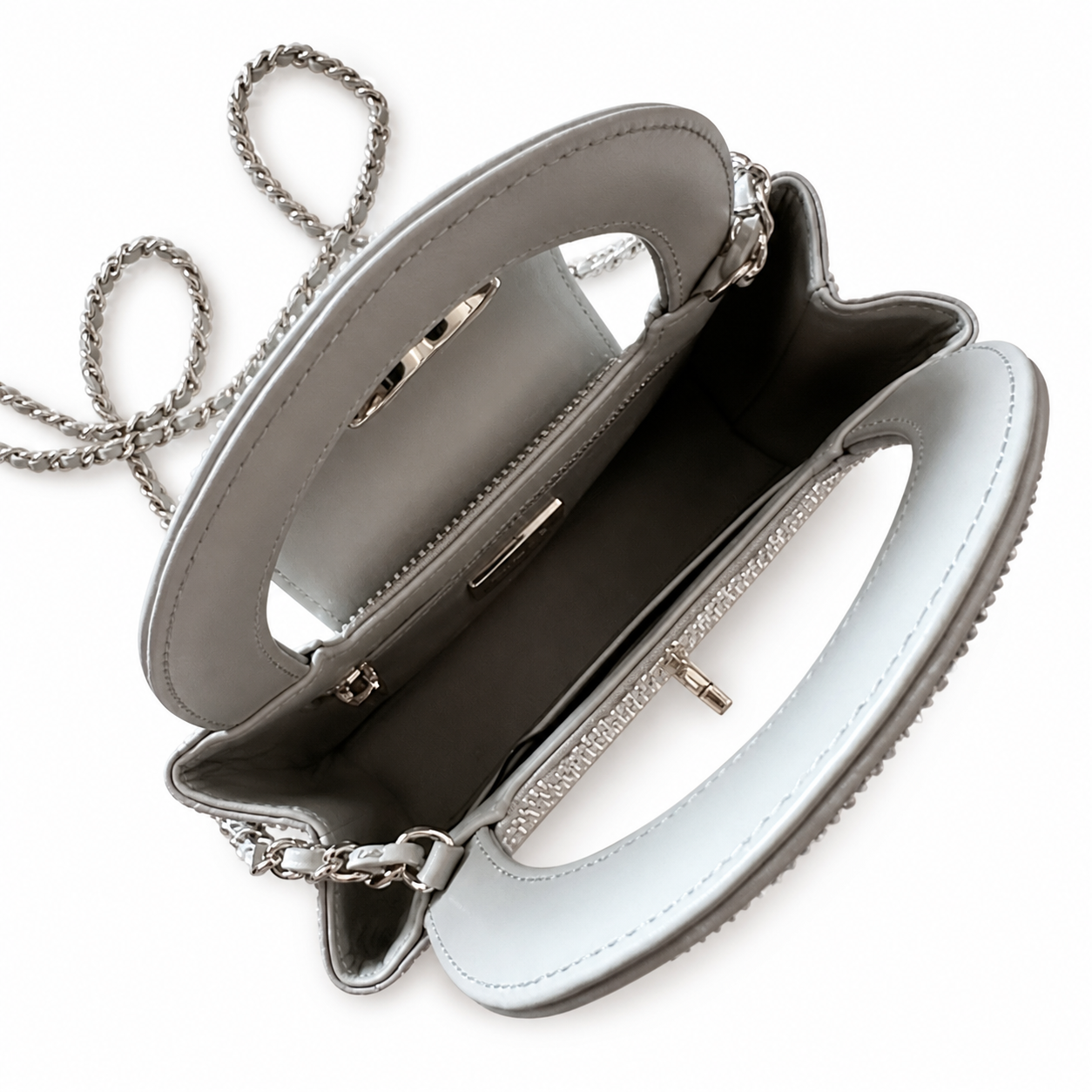 Chanel Silver Crystal Mini Top-Handle Flap | Gold CC Turn-Lock & All-Chain Strap — 19cm