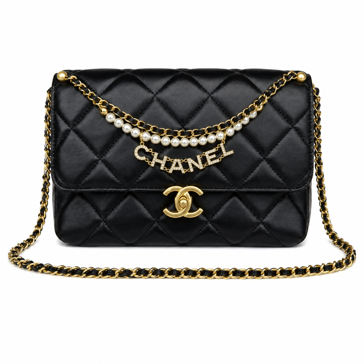 Chanel Quilted Flap Bag | Pearl Chain Crystal Letter Charm Gold CC Black — 23x15cm
