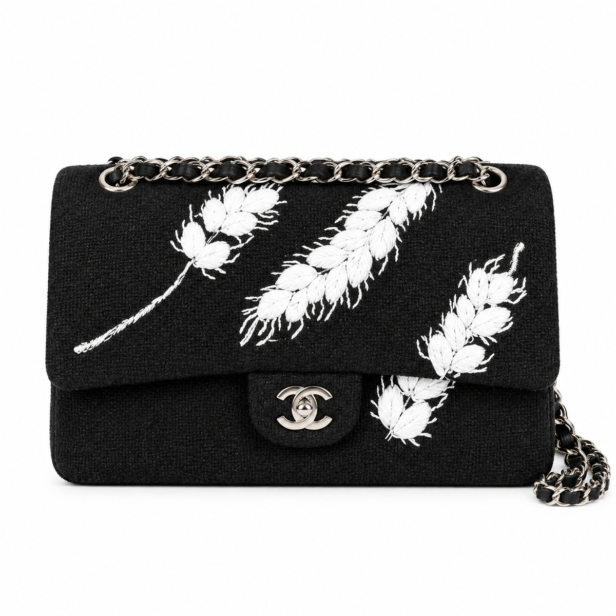 Chanel Classic Double Flap Tweed Black Camellia Charm Silver 25cm
