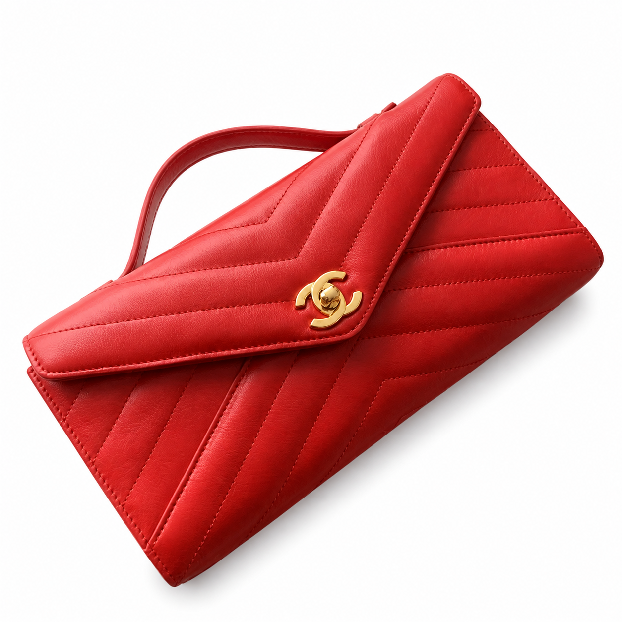 Chanel Scarlet Red Chevron-Quilted Lambskin Envelope Bag | Gold Snap & Black Interior