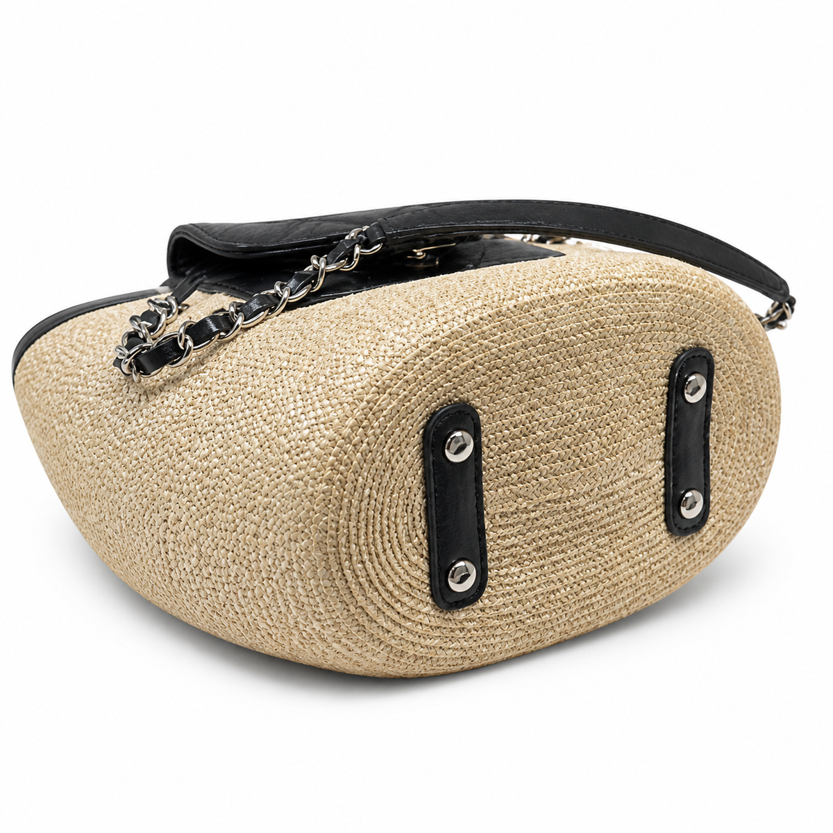 Chanel Small Basket Bag Natural Raffia & Black Quilted Lambskin | Silver CC Turn-Lock — 41cm