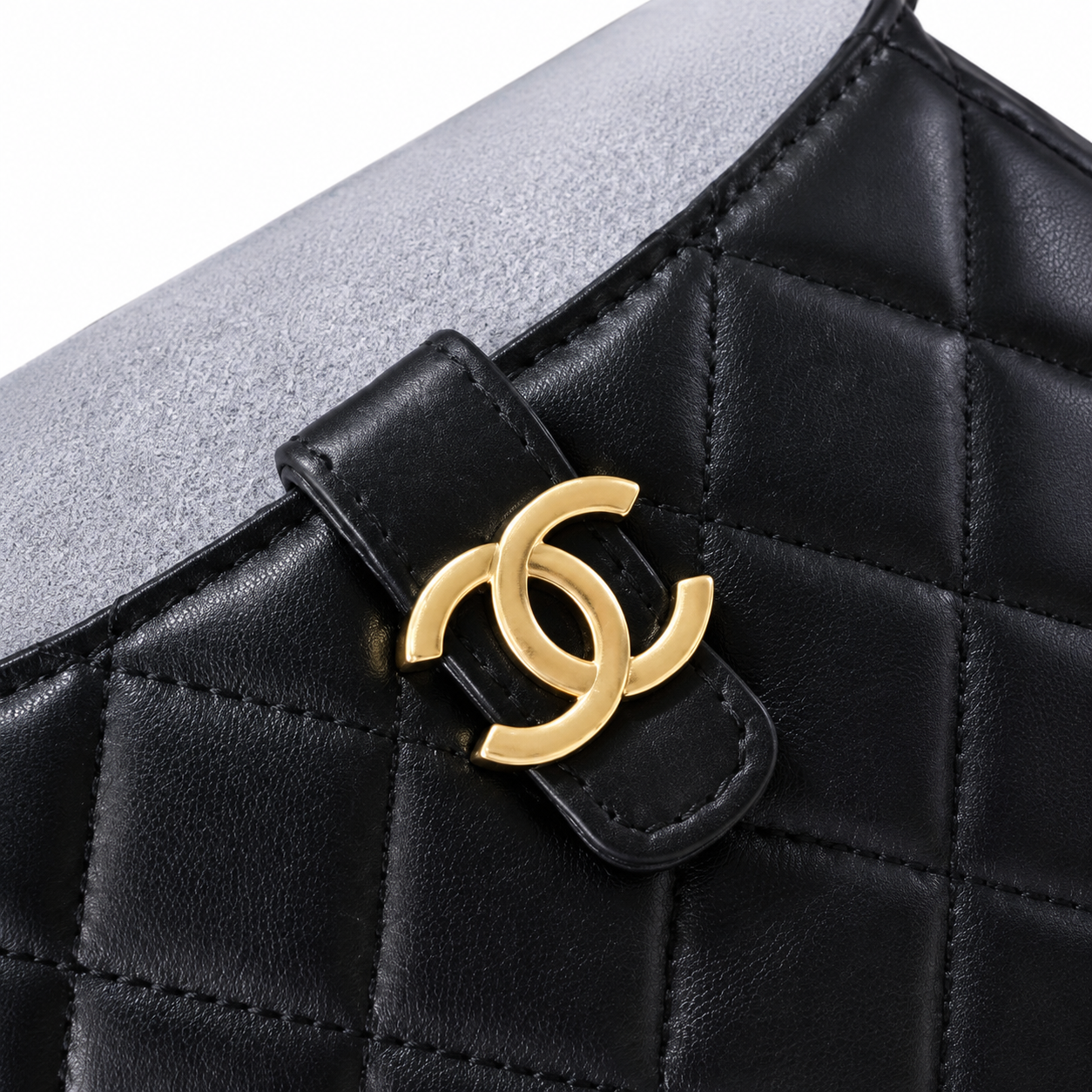 Chanel Grey Suede & Black Leather Mini Bucket Bag | Dual Round Top Handles, Gold CC Connector & Chain Strap