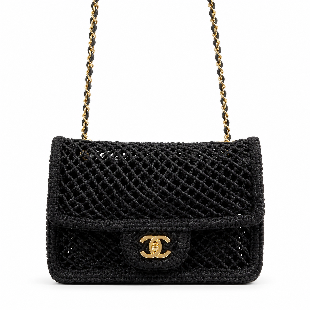 Chanel Black Chunky Crochet Classic Double Flap | Large Gold CC — 21cm