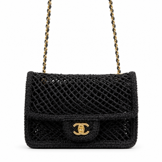 Chanel Black Chunky Crochet Classic Double Flap | Large Gold CC — 21cm