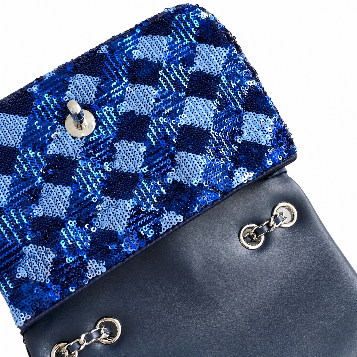 Chanel Royal Blue & Sky Blue Tartan Sequin Flap Bag | Navy Leather Interior, Silver Ball CC & Navy Chain