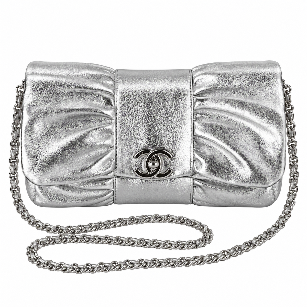 Chanel Bow Bag Ruched Metallic Crinkled Calfskin Silver 22cm