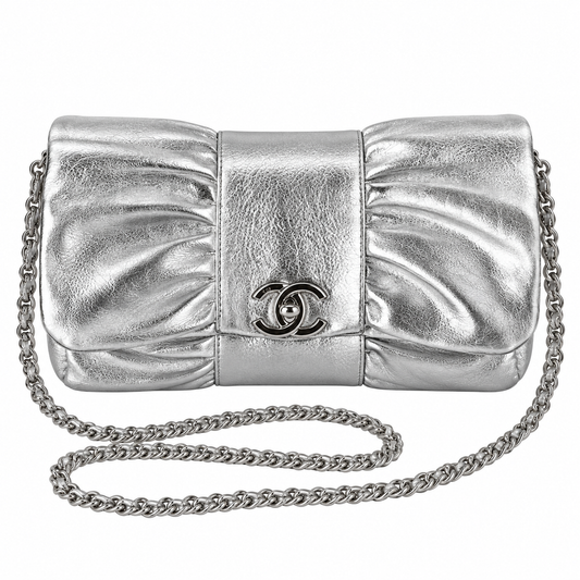 Chanel Bow Bag Ruched Metallic Crinkled Calfskin Silver 22cm