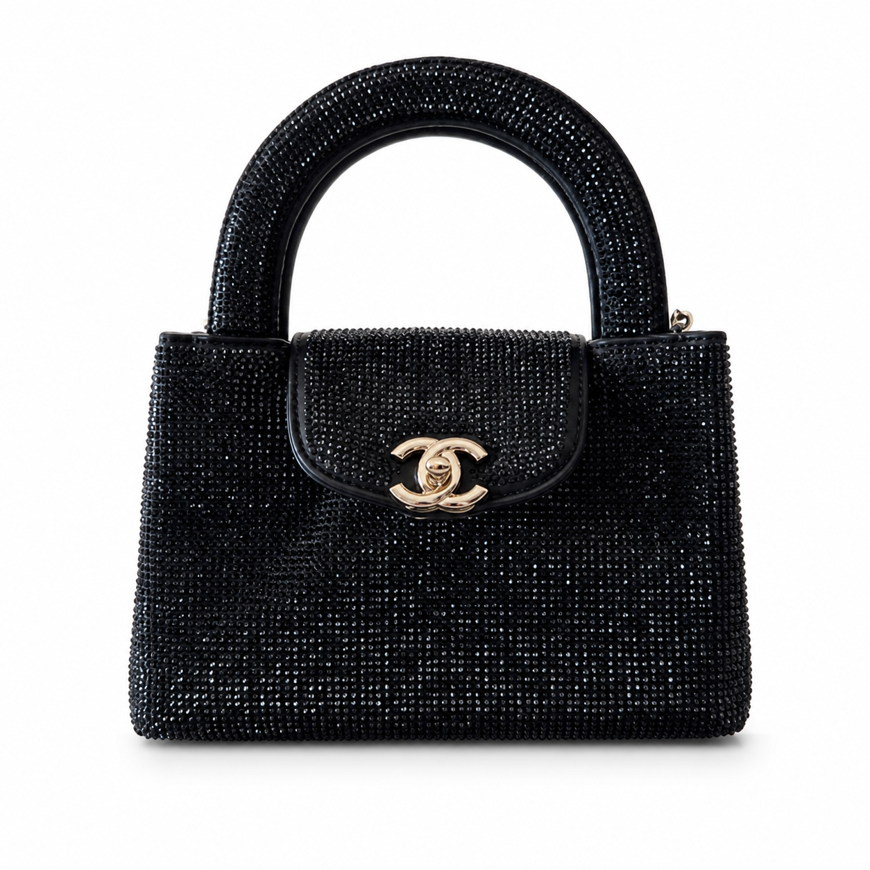 Chanel Black Crystal Mini Top-Handle Flap | Crystal Arch Handle & Silver Chain — 19cm
