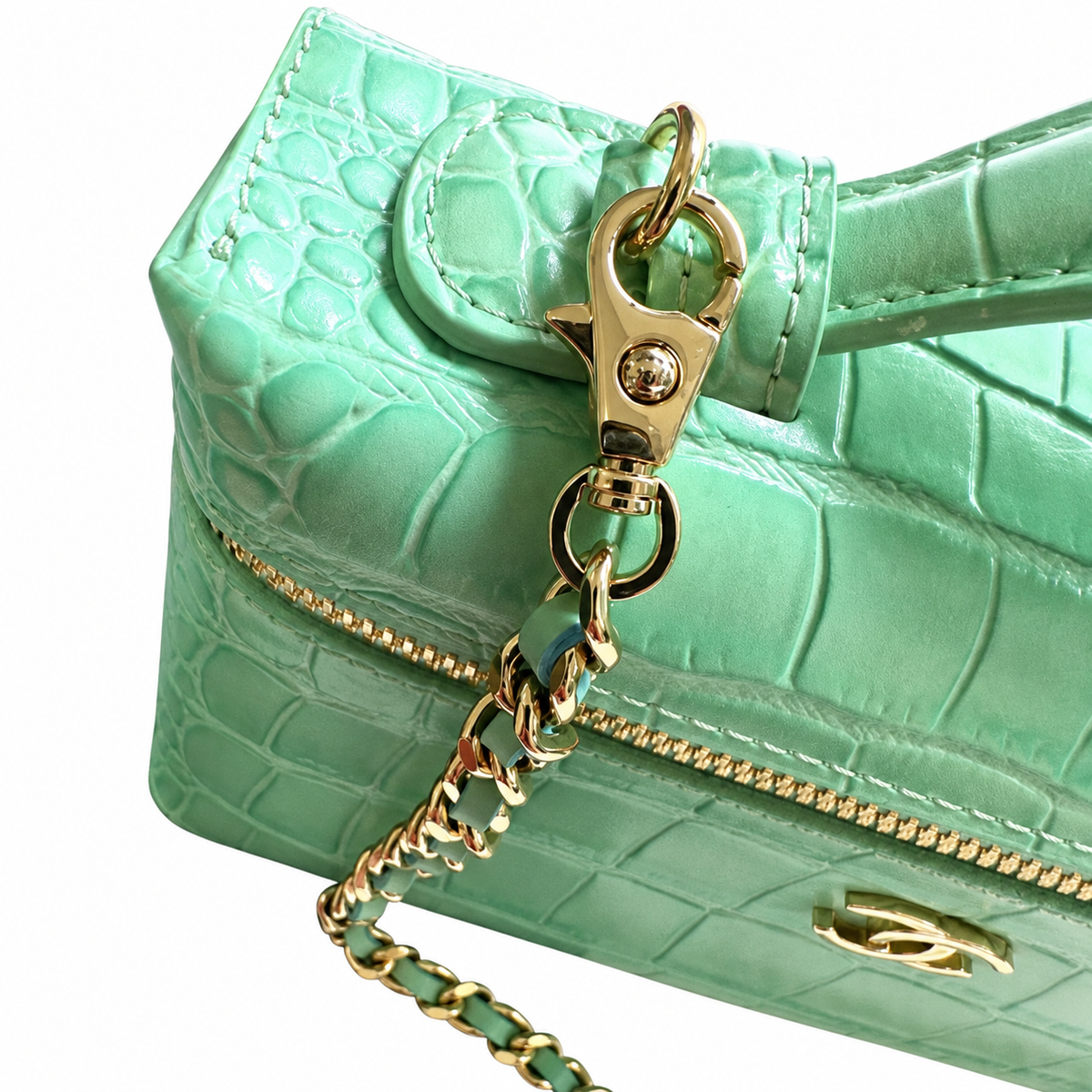 Chanel Mint Green Croc-Embossed Patent Vanity Case | Gold CC Logo, Top Handle & Tonal Chain