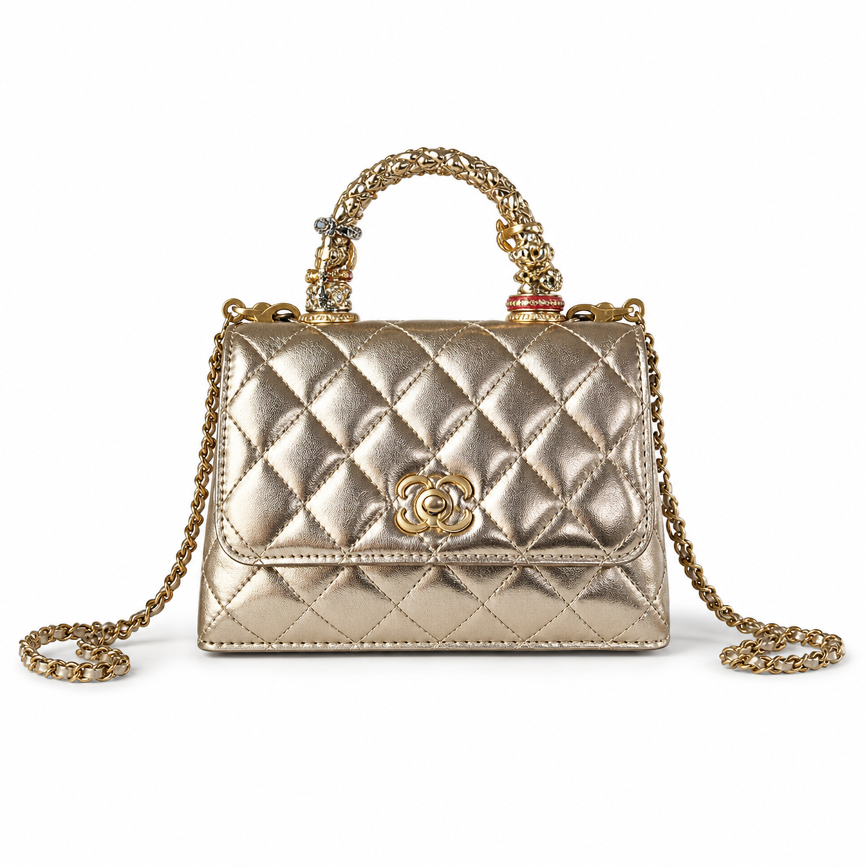Chanel Champagne Gold Quilted Lambskin Mini Flap | Camellia Turn-Lock & Jeweled Handle — 19cm