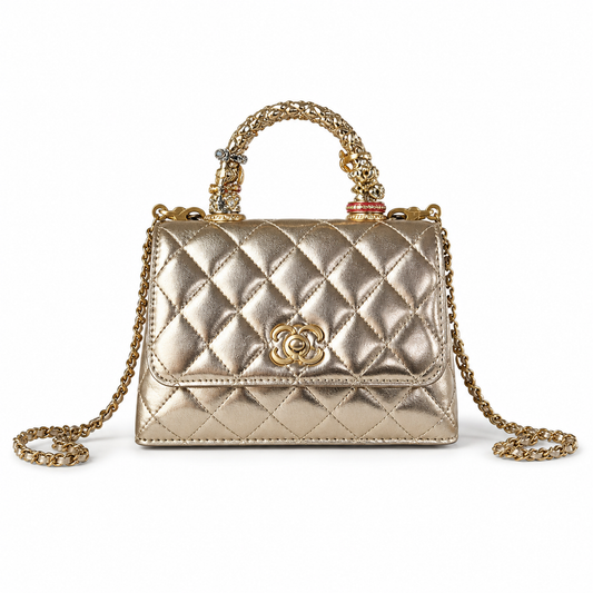 Chanel Champagne Gold Quilted Lambskin Mini Flap | Camellia Turn-Lock & Jeweled Handle — 19cm